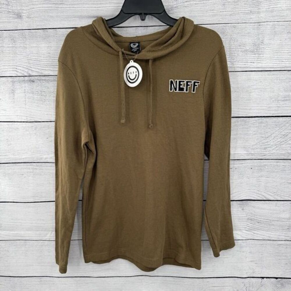 NEFF BRAND Shirt Olive Green Waffle Knit Long Sleeve Hoodie Mens Small‎